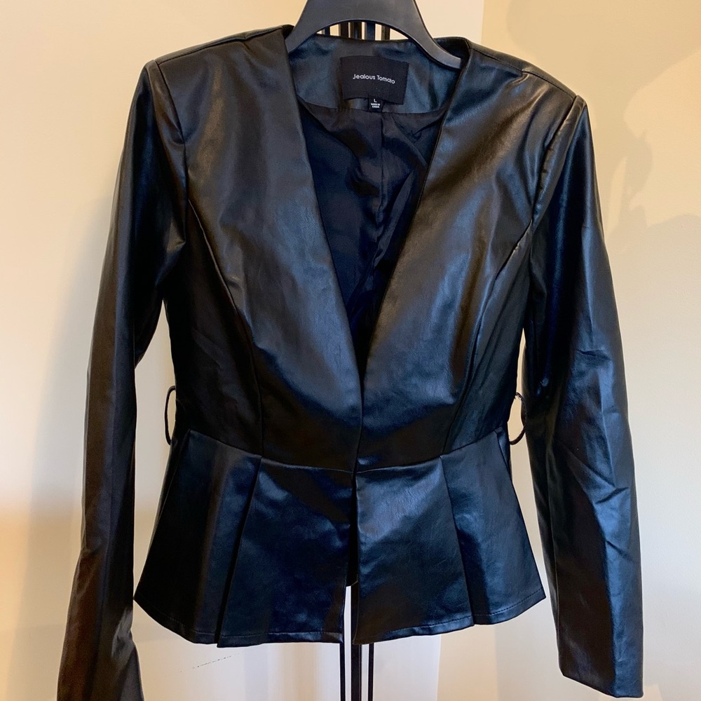 Black Peplum Leather Jacket With Belt - image 2